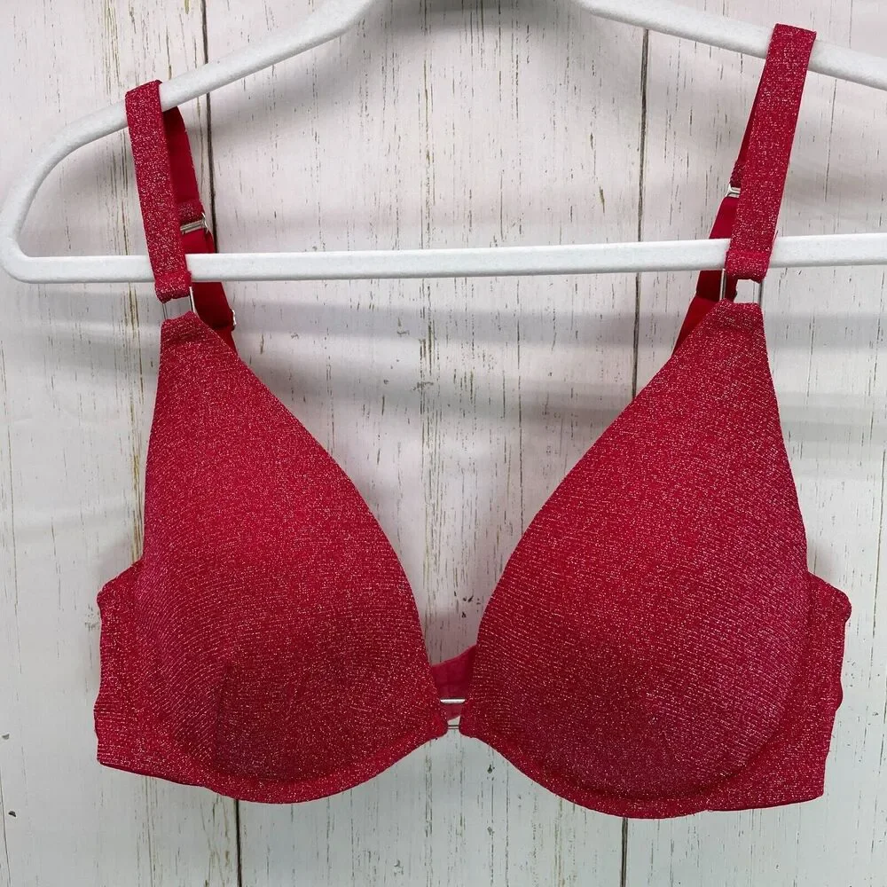 Cacique Womens Size 38C Plunge Underwire Bra Red Silver Glitter Lightly Lined
